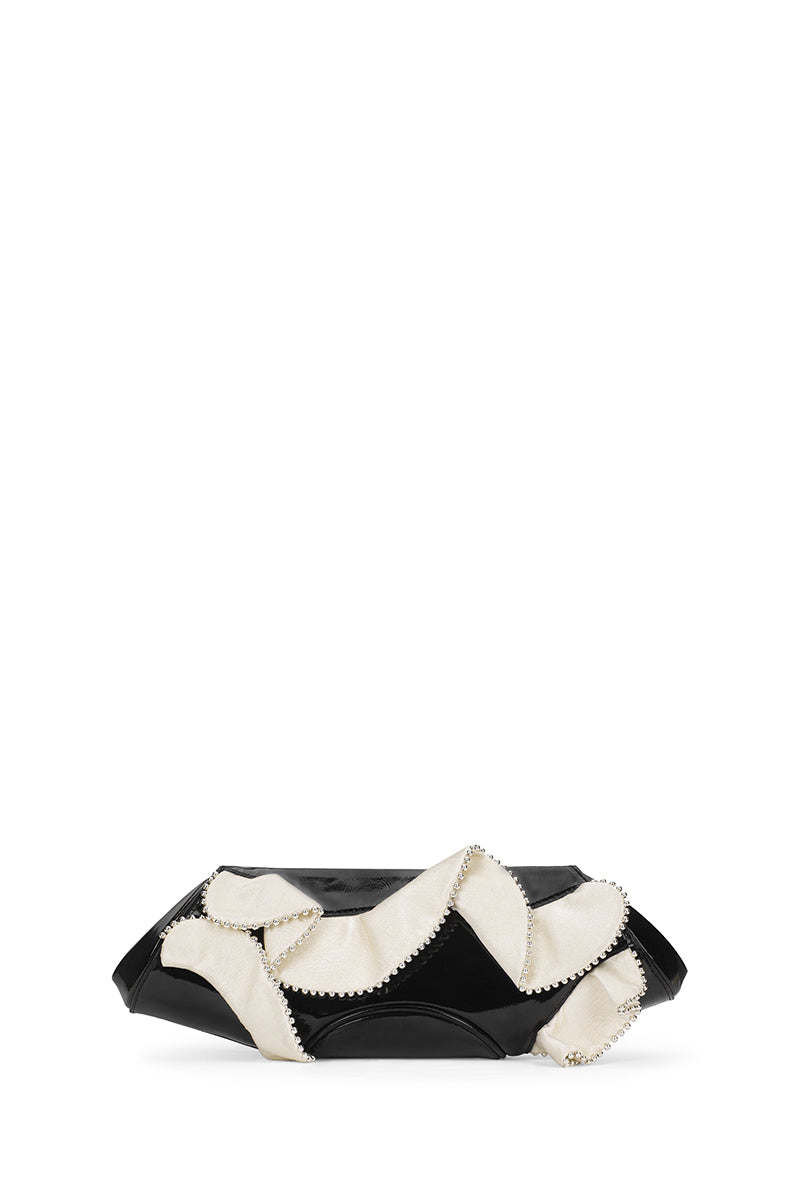 Behno New York Elizabeth Baguette Mini Clutch in crinkle silk with ruffle detail in pumice and black, front view.