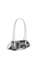 Behn0 New York Elizabeth Baguette Mini top handle bag in Pumice with Kantha silk and pebble details, showing side view.
