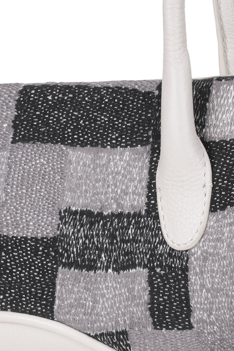 Elizabeth Baguette Mini top handle bag by behno New York in Pumice with kantha silk and pebble texture, detailed close-up view.