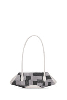 Behnò New York Elizabeth Baguette Mini top handle bag in Pumice with kantha silk and pebble details, front view.