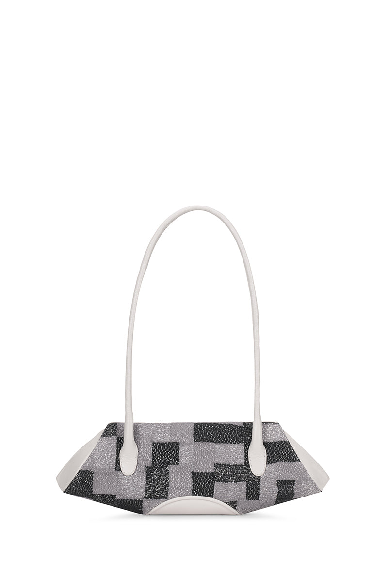 Behnò New York Elizabeth Baguette Mini top handle bag in Pumice with kantha silk and pebble details, front view.
