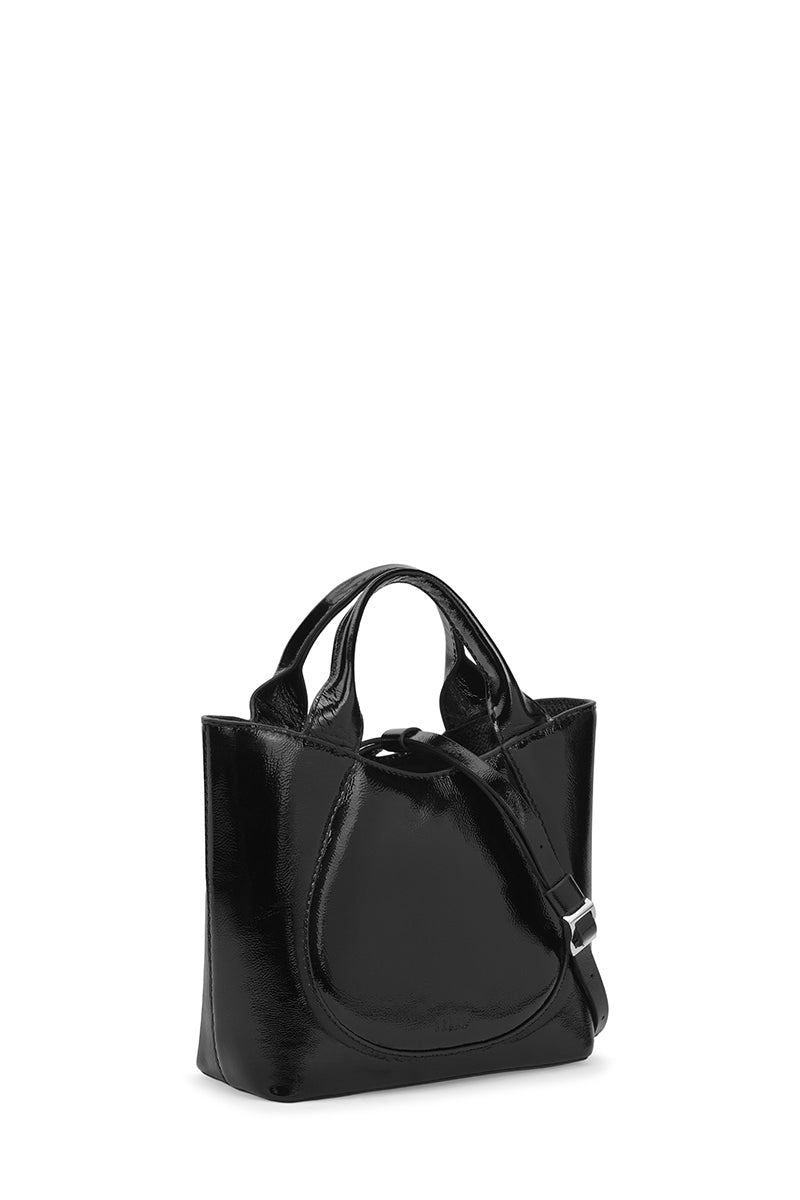 Black crinkle leather Katrina Mini Tote No2 shoulder bag by behno New York, featuring a compact design and top handle.