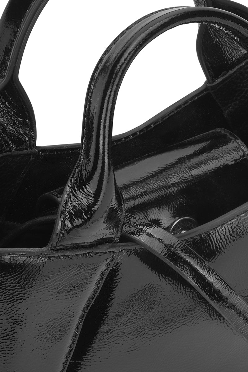 Black KATRINA MINI TOTE NO2 crinkle shoulder bag by behno New York, showing textured crinkle leather and sleek design details.