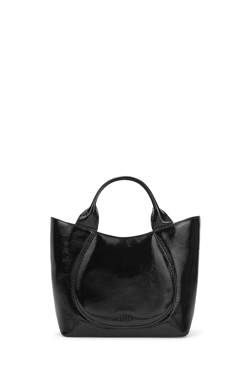 Black Katrina Mini Tote No2 crinkle shoulder bag by behno New York with sleek design and compact size, front view.