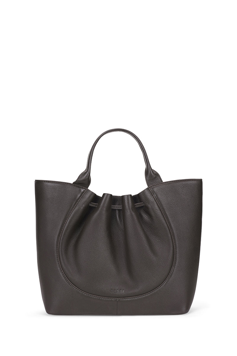 Behn New York Katrina satchel shoulder bag in milled cacao leather, showcasing front view with sleek design and structured shape.