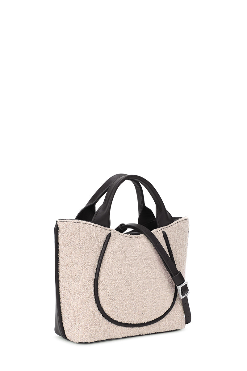 Behno New York Katrina Mini Tote shoulder bag in boucle wool nappa with pumice and black color, three-quarter view.
