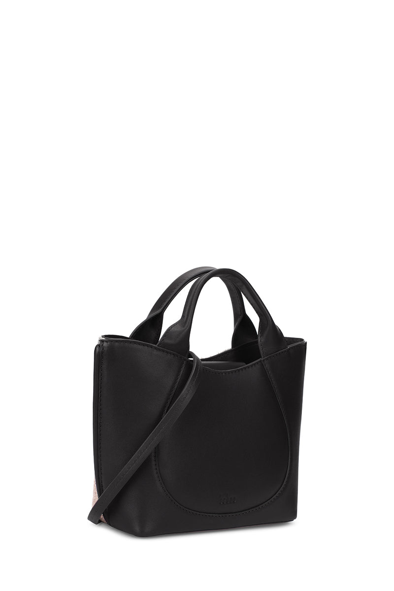 Behno New York Katrina Mini Tote in Pumice and Black boucle wool nappa leather, shown from the back angle.
