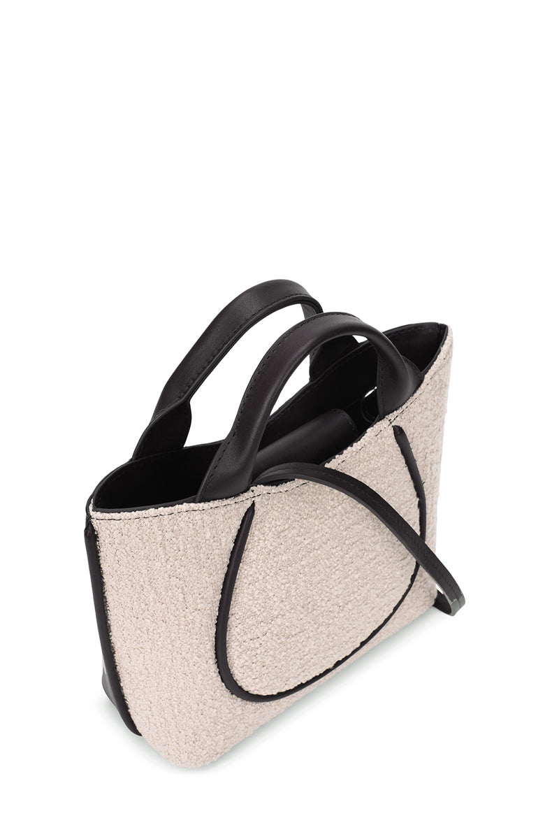 Behnø New York Katrina Mini Tote No2 in boucle wool nappa with pumice and black color, featuring shoulder bag details.