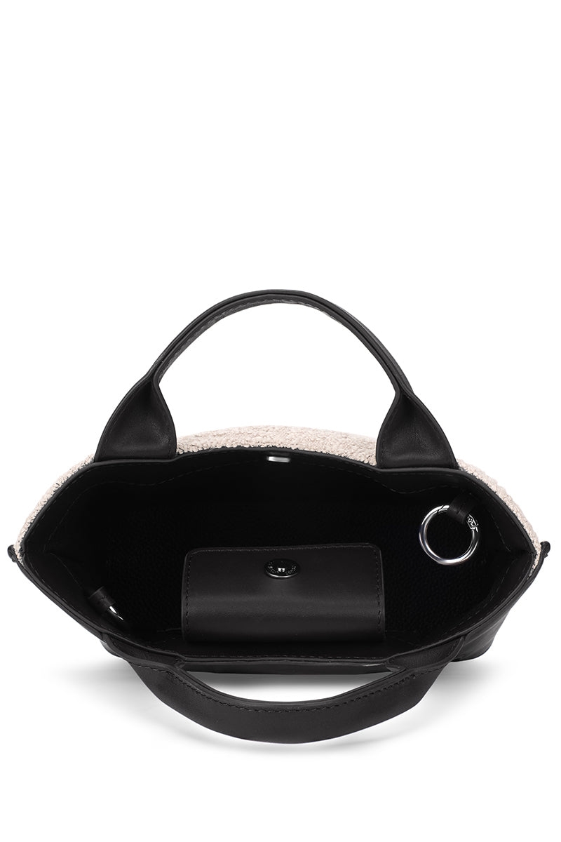 Behn0 New York Katrina Mini Tote shoulder bag in boucle wool Nappa Pumice and Black, showing front and side views.