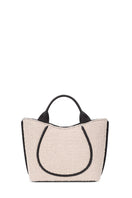 Behno New York Katrina Mini Tote in bouclé wool and nappa leather, featuring pumice and black color options, front view.