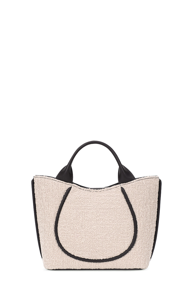 Behno New York Katrina Mini Tote in bouclé wool and nappa leather, featuring pumice and black color options, front view.
