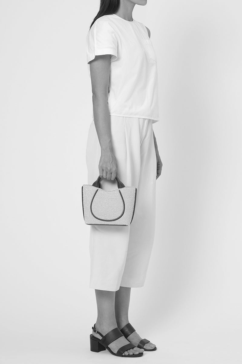 Behn0 New York Katrina Mini Tote No2 in boucle wool and nappa leather, showing its Pumice and Black shoulder bag design.