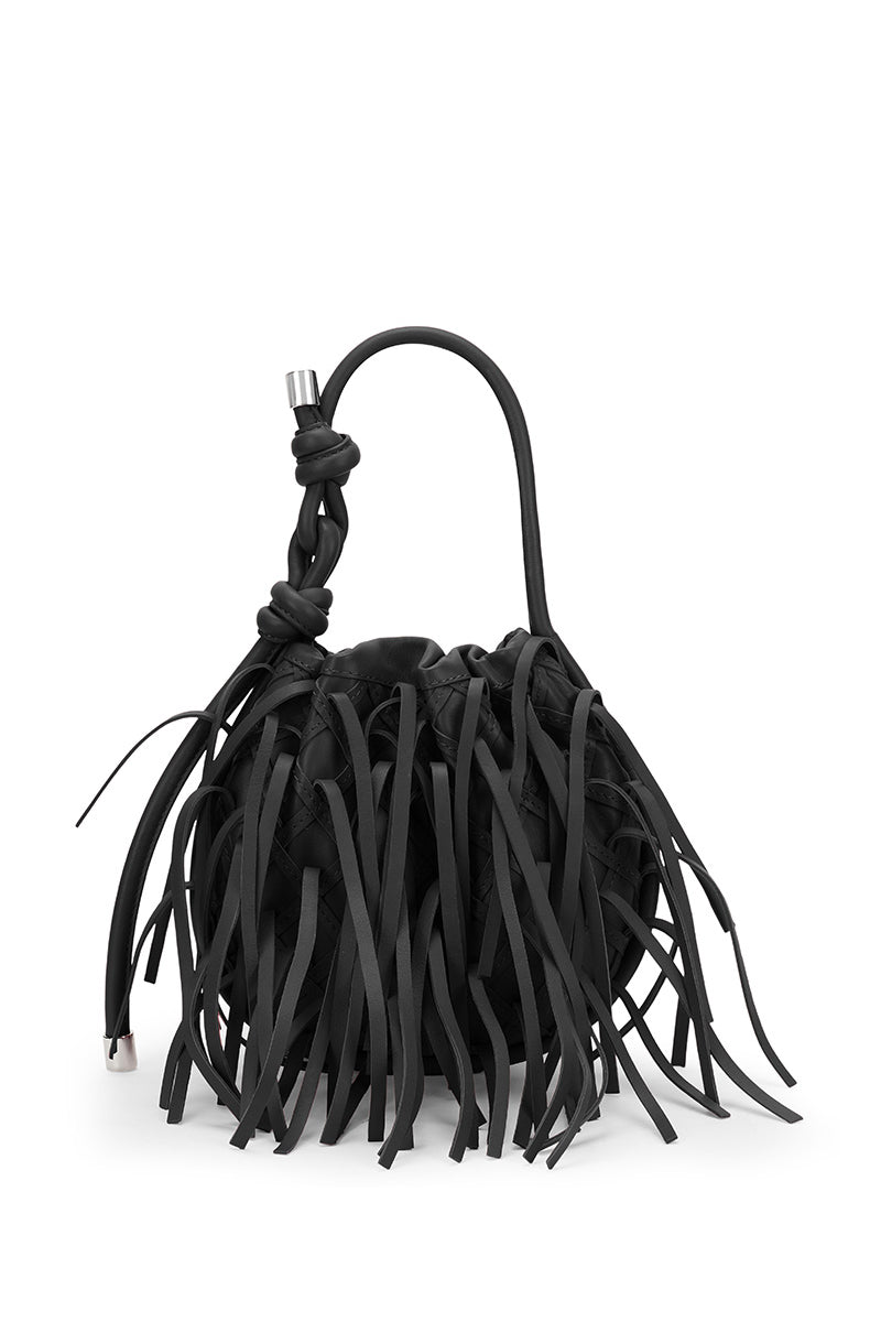 Black INA Mini Potli Fringe Nappa top handle bag by behno New York, featuring fringe details and a sleek, compact design.