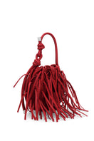 Red INA mini potli fringe nappa top handle bag by behno New York, featuring fringe details and compact design.