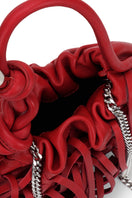 Red INA Mini Potli Fringe Nappa top handle bag by behno New York with fringe detailing and compact design.
