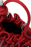 Red INA Mini Potli Fringe Nappa top handle bag by behno New York with tassel fringe detail and compact design.