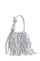 Silver INA Mini Potli Fringe Crinkle top handle bag by behno New York with fringe details and compact design.