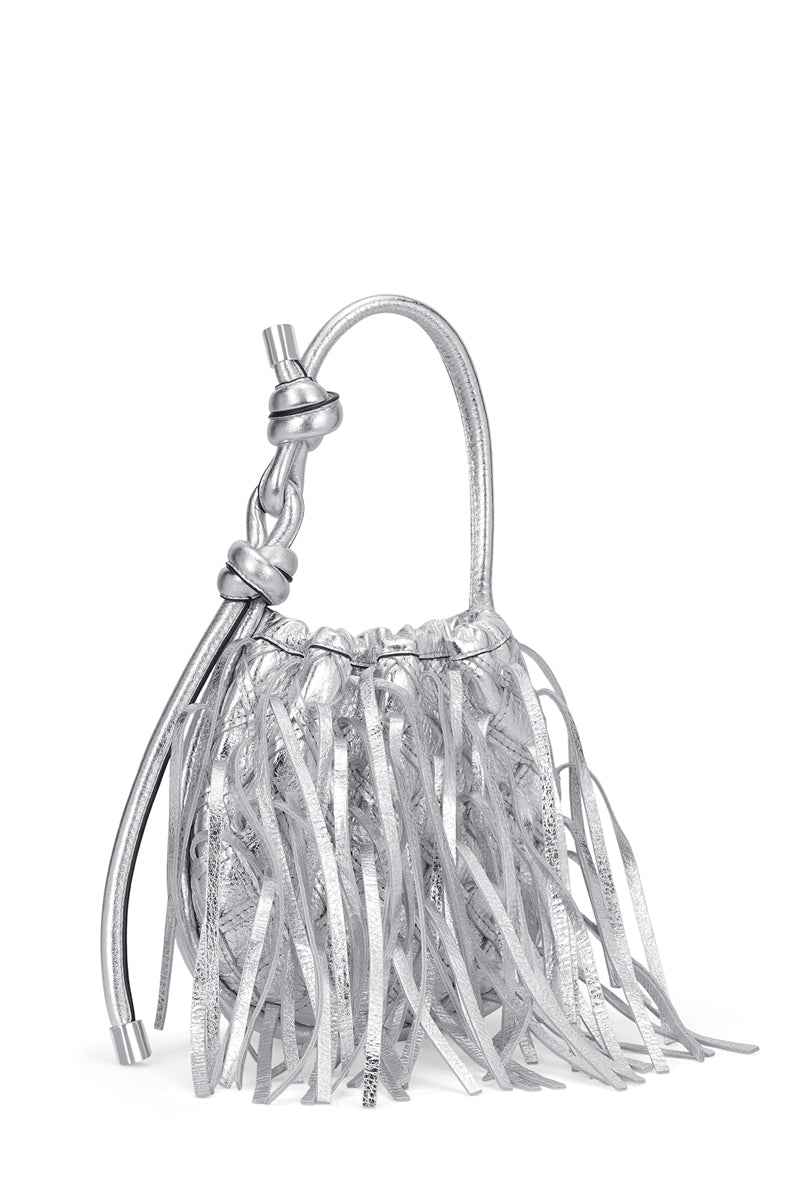 Silver INA Mini Potli Fringe Crinkle top handle bag by behno New York with fringe details and compact design.
