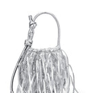 Silver INA Mini Potli Fringe Crinkle top handle bag by behno New York, featuring fringe details and a compact, stylish design.