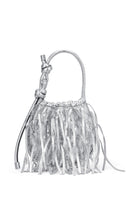 Silver INA Mini Potli Fringe Crinkle top handle bag by behno New York, featuring fringe details and a compact, stylish design.