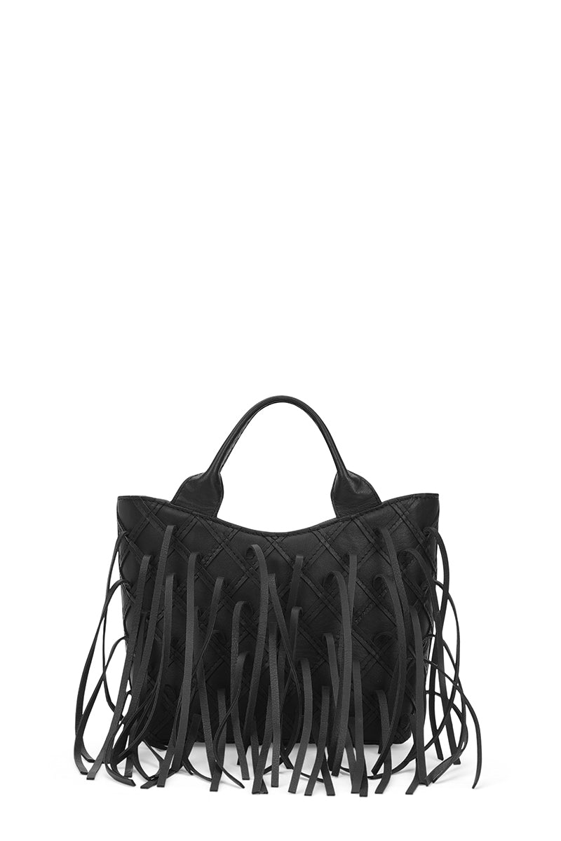 Black Katrina Mini Tote No2 Fringe Nappa shoulder bag by behno New York, featuring fringe detailing and sleek design.