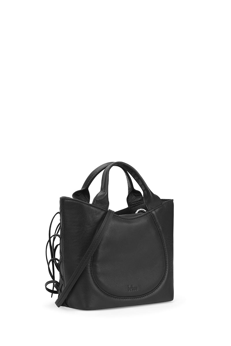 Black Katrina Mini Tote No2 Fringe Nappa shoulder bag by behno New York, showing the bag's back with fringe details and smooth leather finish.