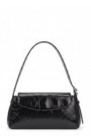 Black Yara Baguette Crinkle top handle bag by behno New York with textured finish and sleek design, shown from the back.