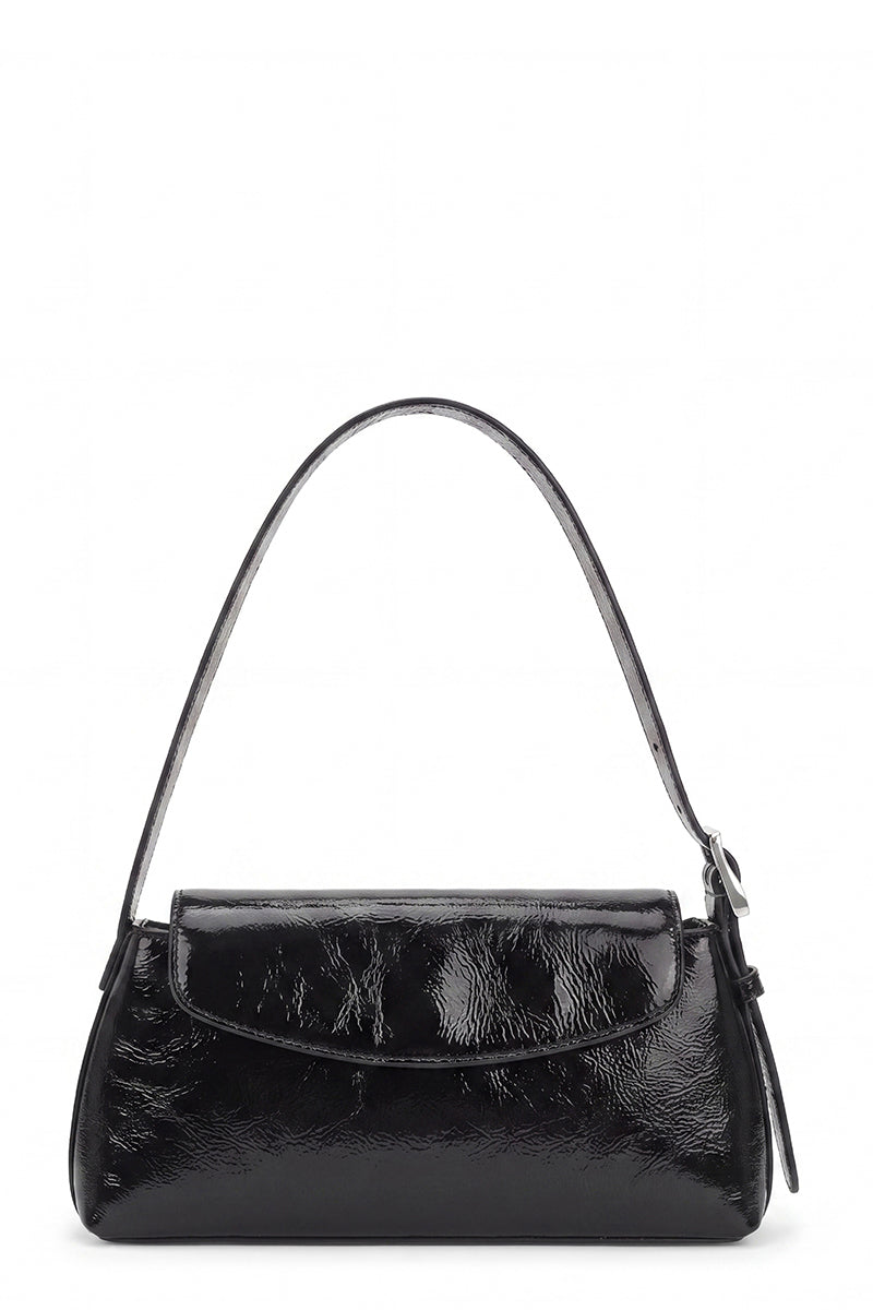 Black Yara Baguette Crinkle top handle bag by behno New York with textured finish and sleek design, shown from the back.