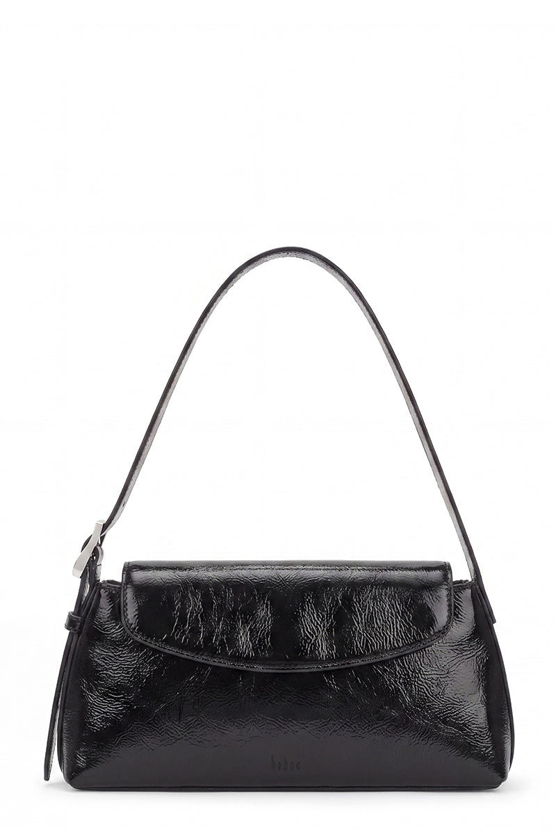 Black Behno New York Yara Baguette Crinkle top handle bag with textured crinkle design, front view showing stylish compact silhouette.