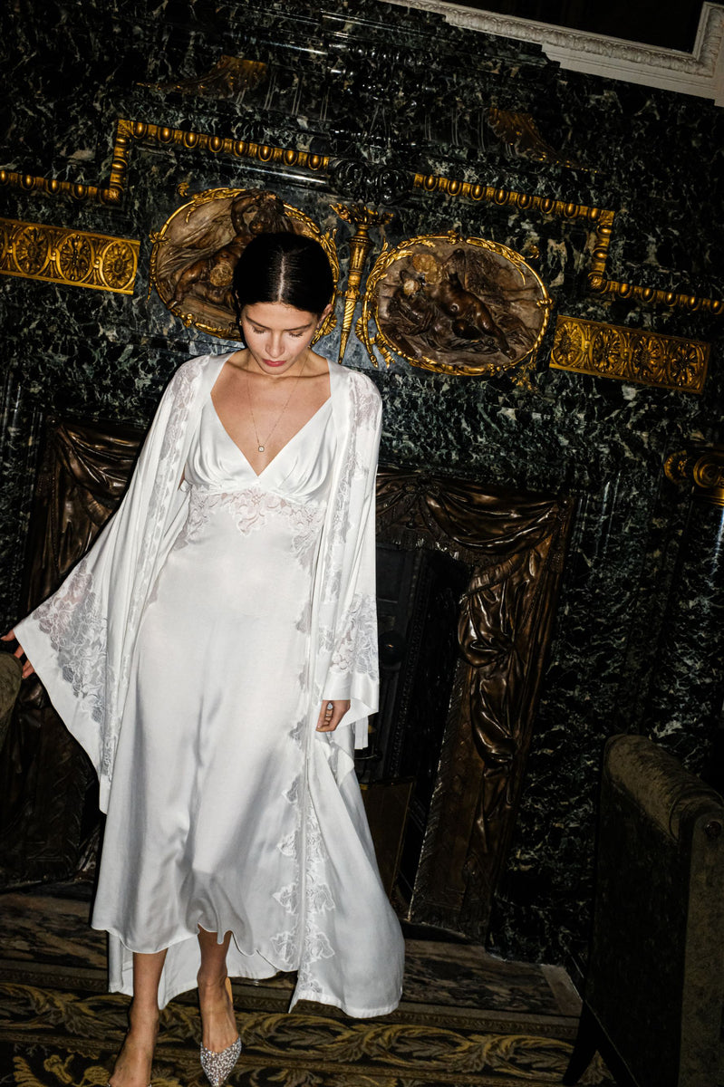Beige Arabella Cupro Robe by Bocan Couture, lightweight and elegant women's robe with a relaxed fit and soft fabric.