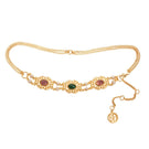 Gold chain belt by Ben Amun with emerald, amethyst gemstones, and pearl accents, featuring intricate jewelry-style design.