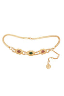 Gold chain belt by Ben Amun with emerald, amethyst gemstones, and pearl accents, featuring intricate jewelry-style design.