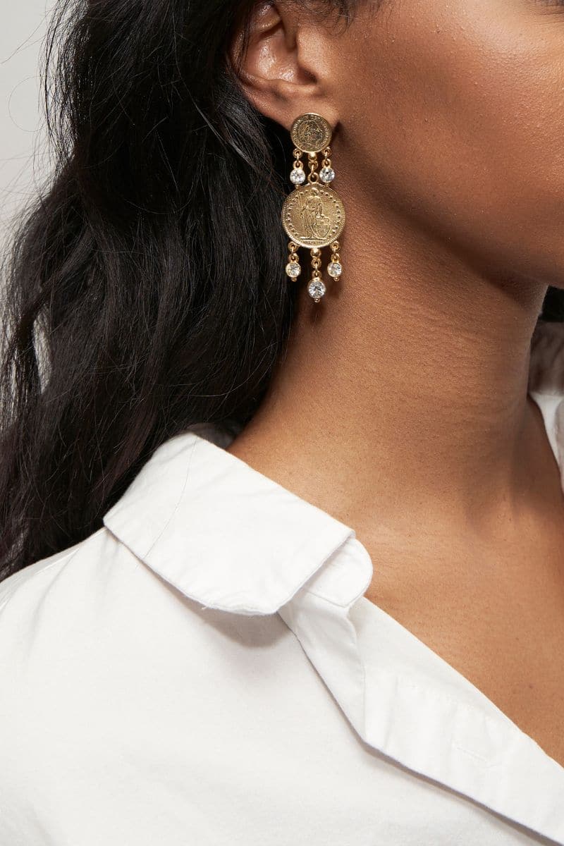 Ben Amun gold coin drop earrings with sparkling crystals, featuring a luxurious jewelry design and intricate detailing.