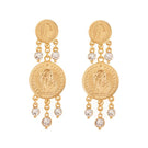 Gold coin drop earrings with crystals by Ben Amun featuring intricate gold coins and sparkling crystal accents.