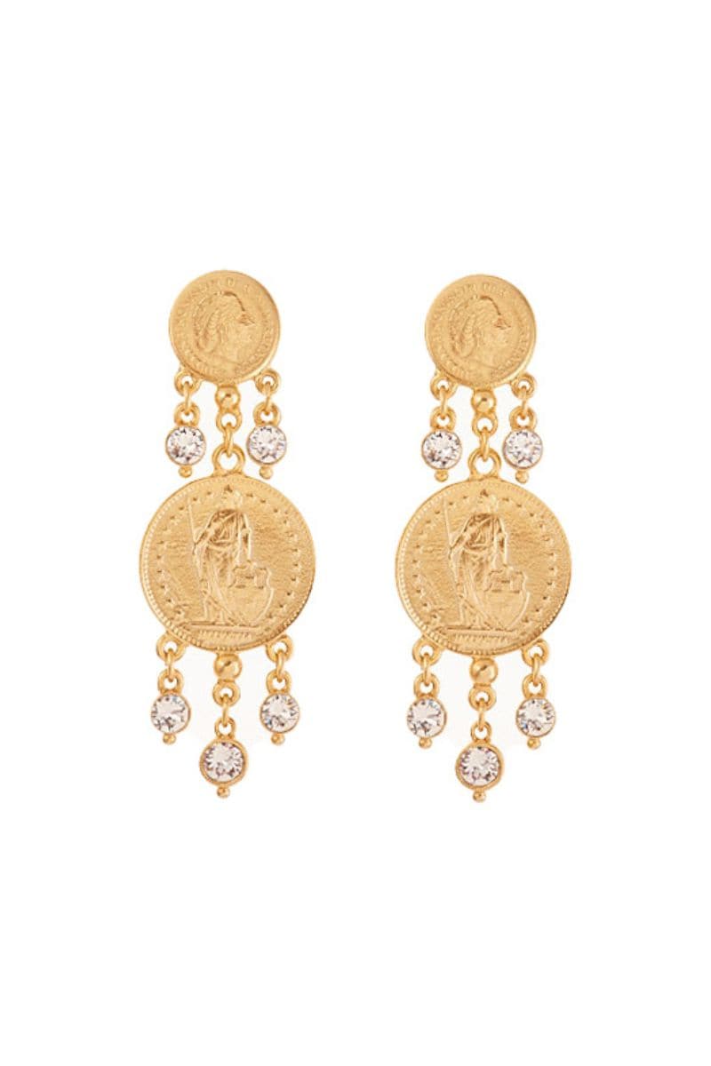 Gold coin drop earrings with crystals by Ben Amun featuring intricate gold coins and sparkling crystal accents.
