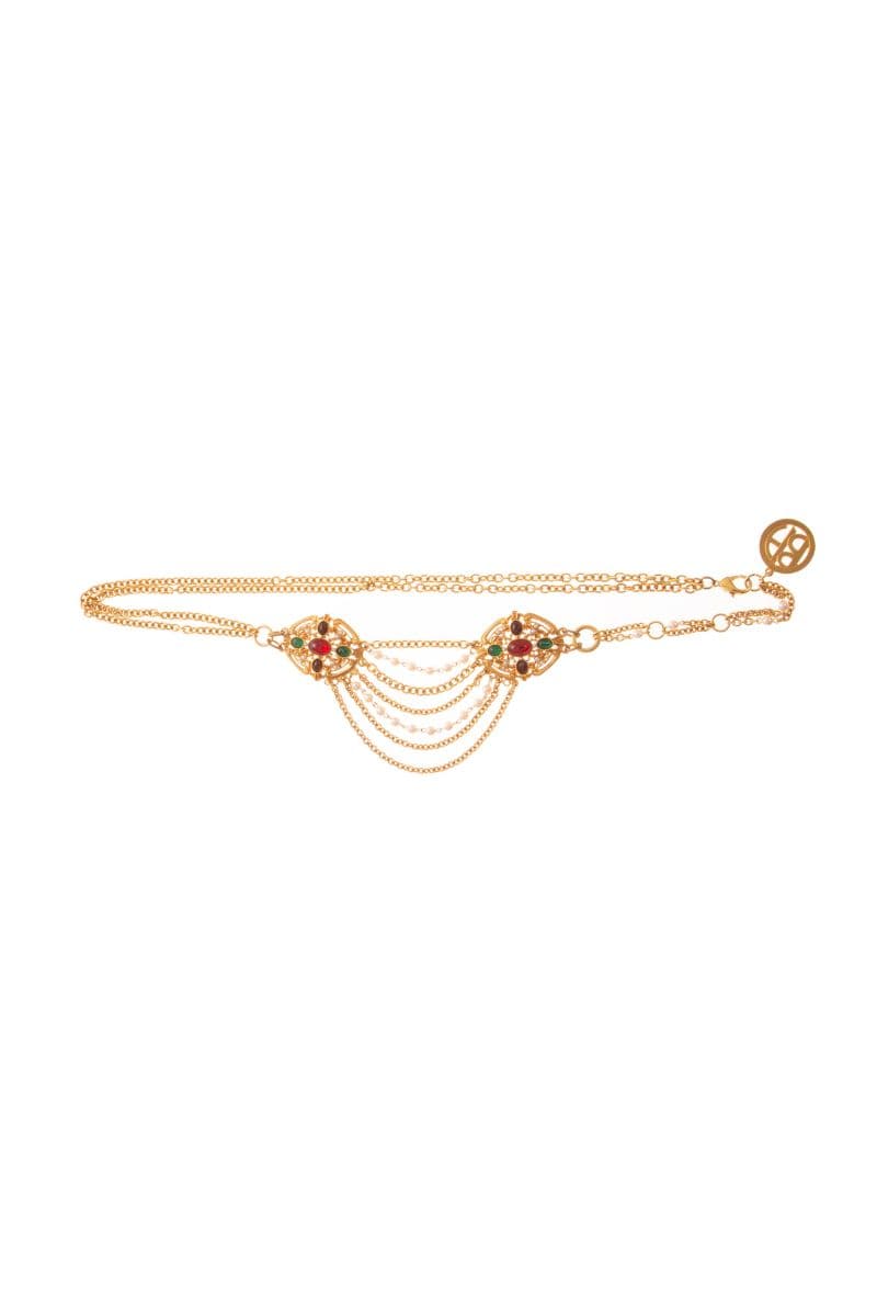 Ben Amun gold chain belt with multistone accents and pearl details, showcasing a luxurious and elegant accessory design.
