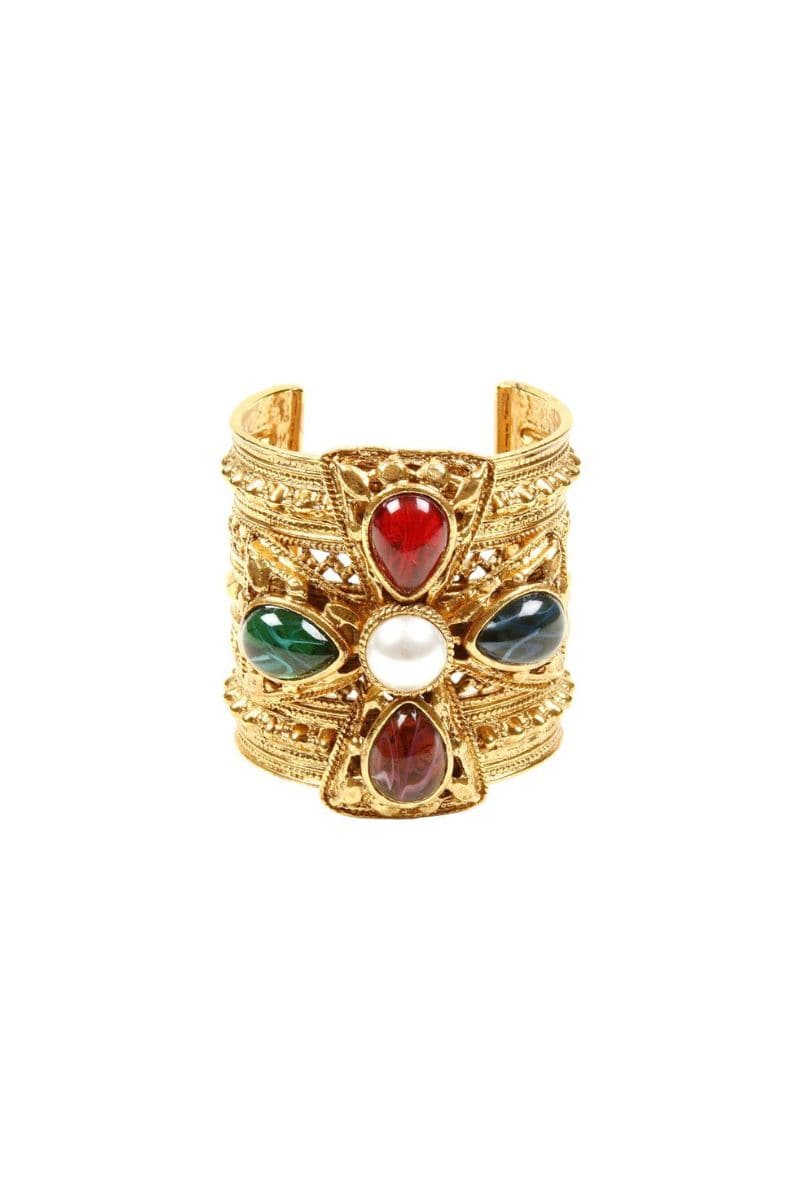 Ben Amun multistone gold arm cuff bracelet with layered design and intricate details, showcasing a luxurious accessory style.