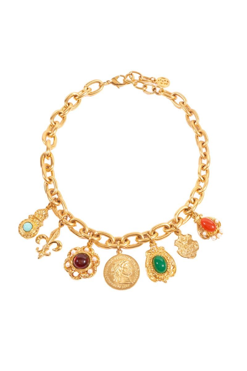 Ben Amun Pollock Gold Multi Charm Necklace with various gold charms and intricate chain design.