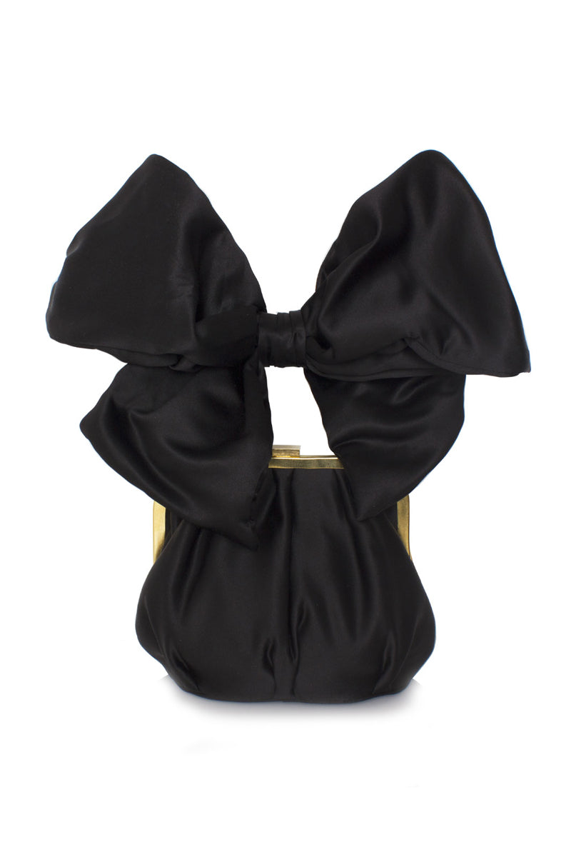 Black Bella shoulder bag with a large bow detail from Sarah's Bag, stylish and elegant for everyday or special occasions.