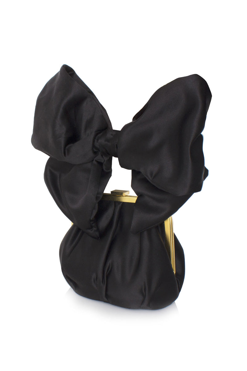 Black Bella handbag with large bow design by Sarah's Bag, stylish shoulder bag featuring elegant craftsmanship and spacious interior.