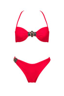 Red ETE bikini set by Maliluha featuring a stylish two-piece with adjustable straps and matching bottoms on a white background.