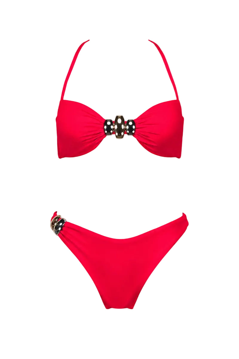 Red ETE bikini set by Maliluha featuring a stylish two-piece with adjustable straps and matching bottoms on a white background.