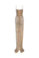 Black CEM Champagne Illusion gown featuring elegant champagne-colored embroidery and a flowing, sophisticated silhouette.