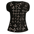 Black satin laser cut top by LECIA, stylish sleeveless tops with intricate laser cut details on smooth satin fabric.