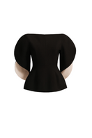 Black crepe top with calla sleeve design from LECIA, featuring a stylish and modern sleeveless blouse.