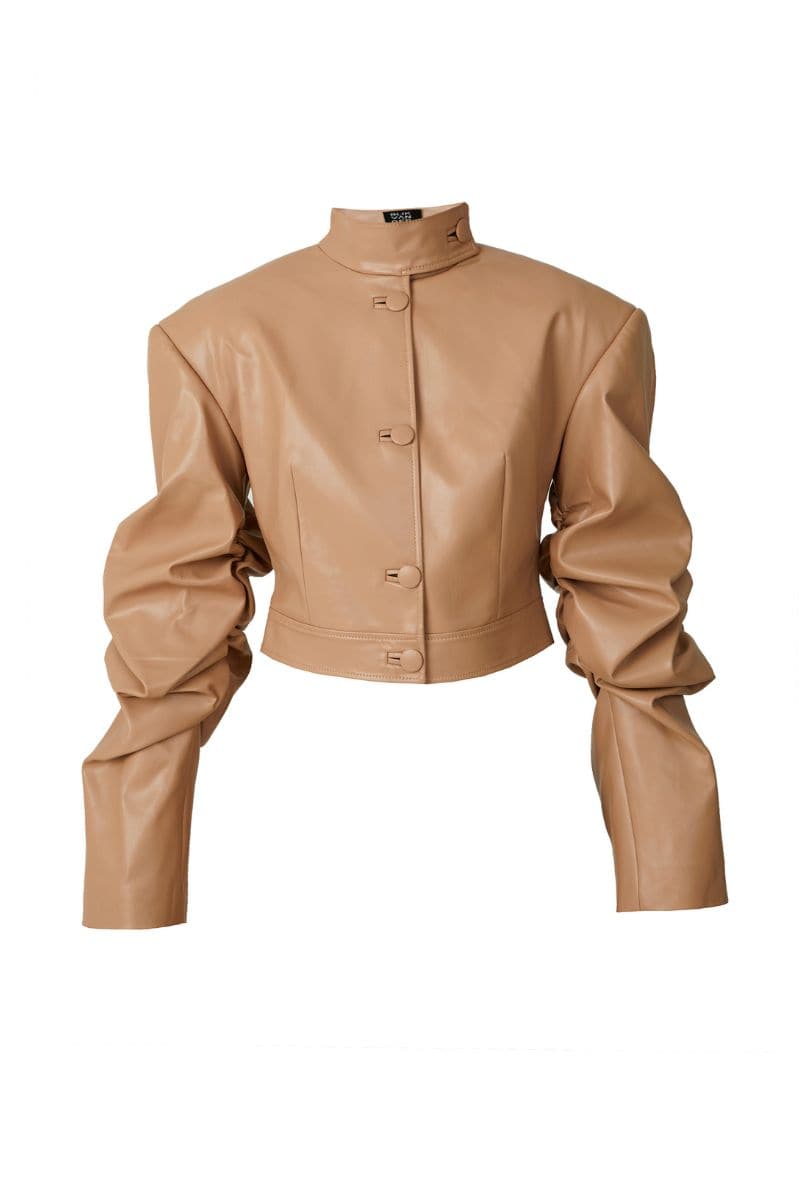 Beige faux leather cropped blazer by Blikvanger, featuring a tailored fit and stylish design, shown on a white background.