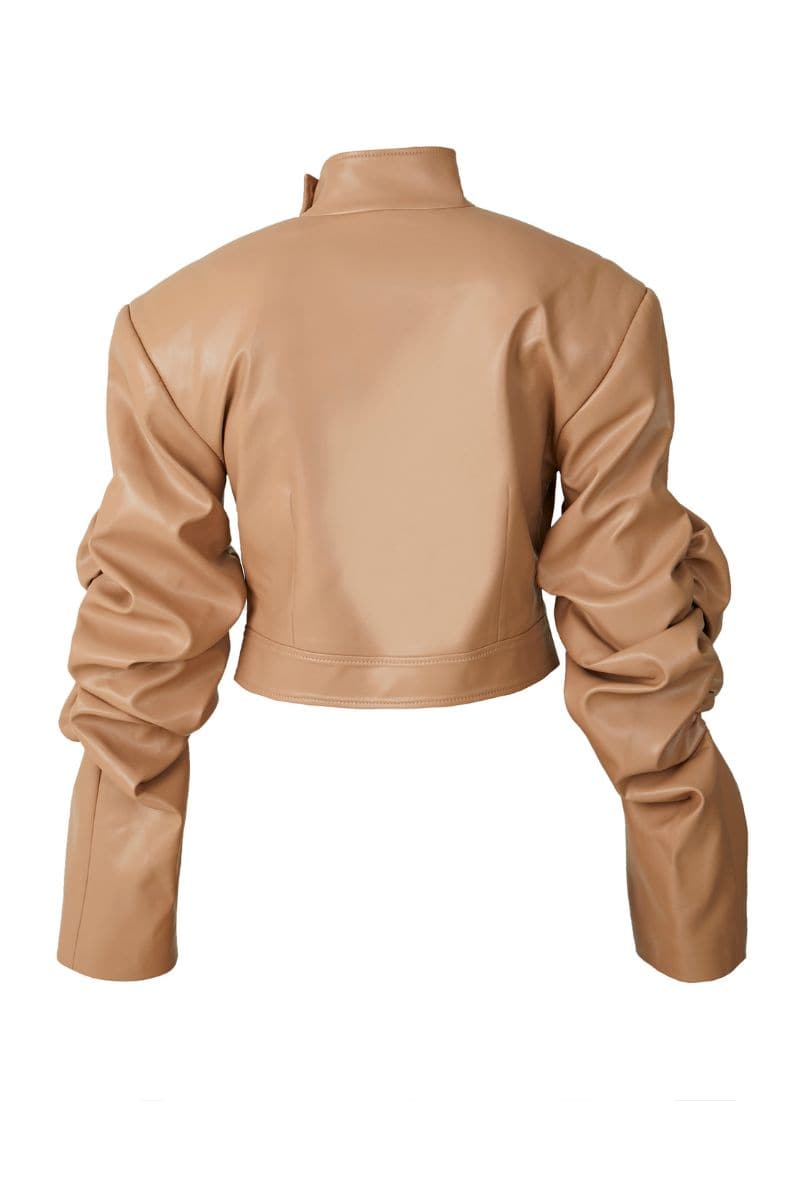 Beige faux leather cropped blazer by Blikvanger, showing a fitted blazer with a tailored collar and long sleeves.