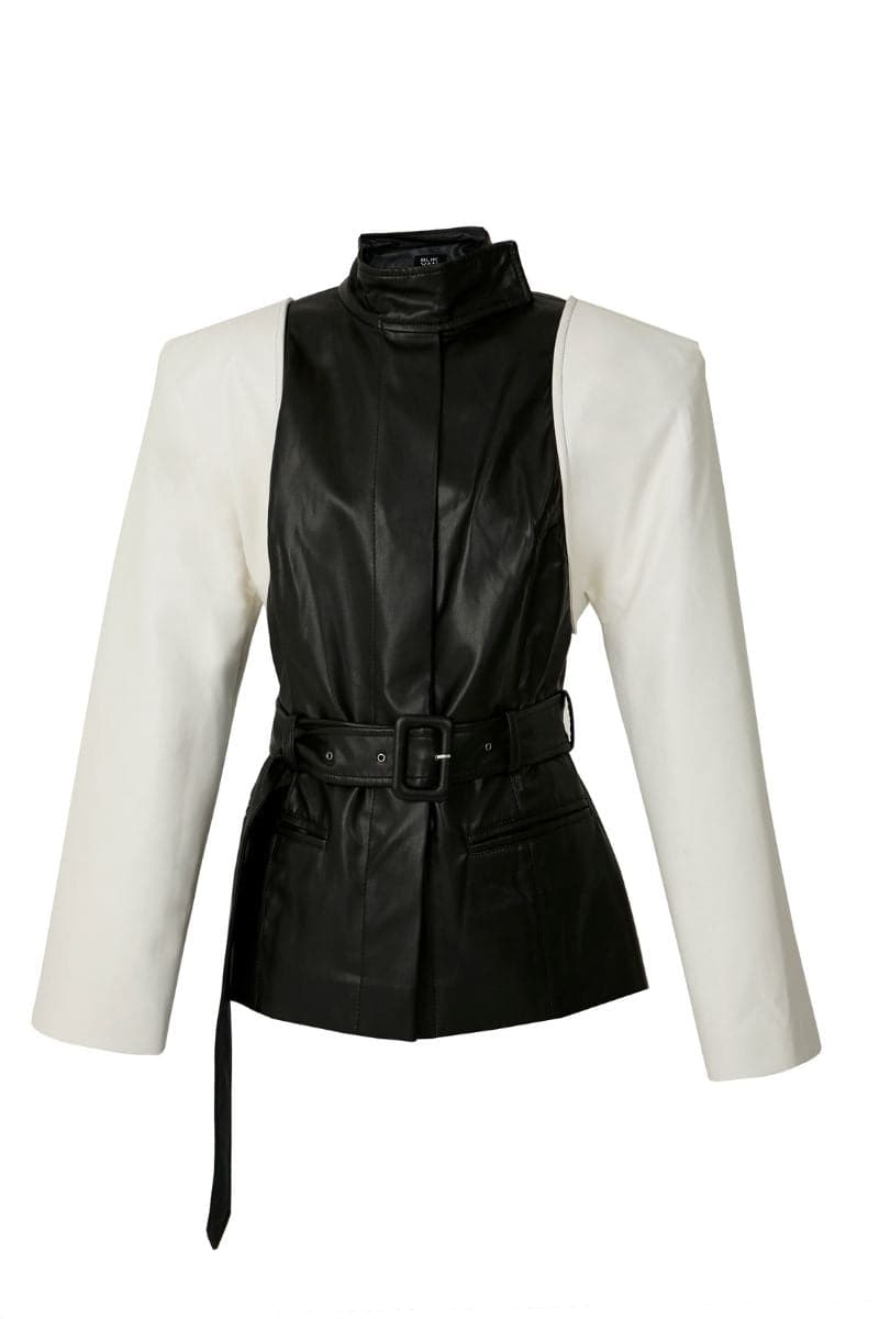 Black and white blazer jacket by Blikvanger, tailored fit, featuring classic lapels and sleek design, displayed on a hanger.