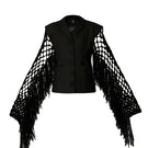 Black fishnet-sleeve blazer by Blikvanger, tailored fit, featuring textured fishnet sleeves and classic blazer design.