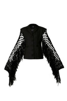 Black fishnet-sleeve blazer by Blikvanger, tailored fit, featuring textured fishnet sleeves and classic blazer design.